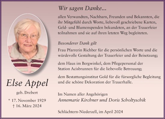 Traueranzeige von Else Appel von FZ