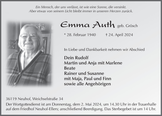 Traueranzeige von Emma Auth von FZ