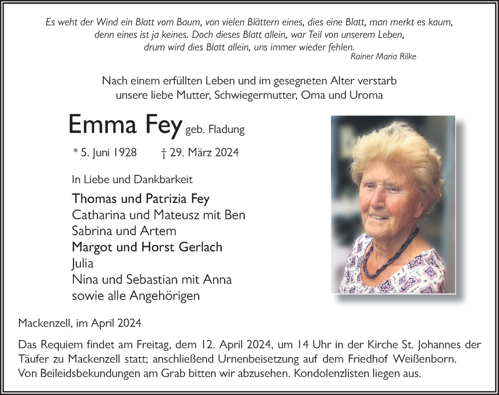  Traueranzeige für Emma Fey vom 09.04.2024 aus FZ