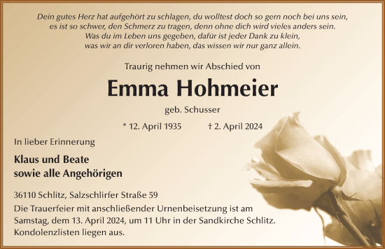 Traueranzeige von Emma Hohmeier von FZ