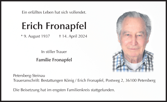 Traueranzeige von Erich Fronapfel von FZ