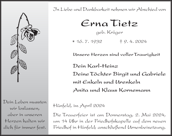 Traueranzeige von Erna Tietz von FZ