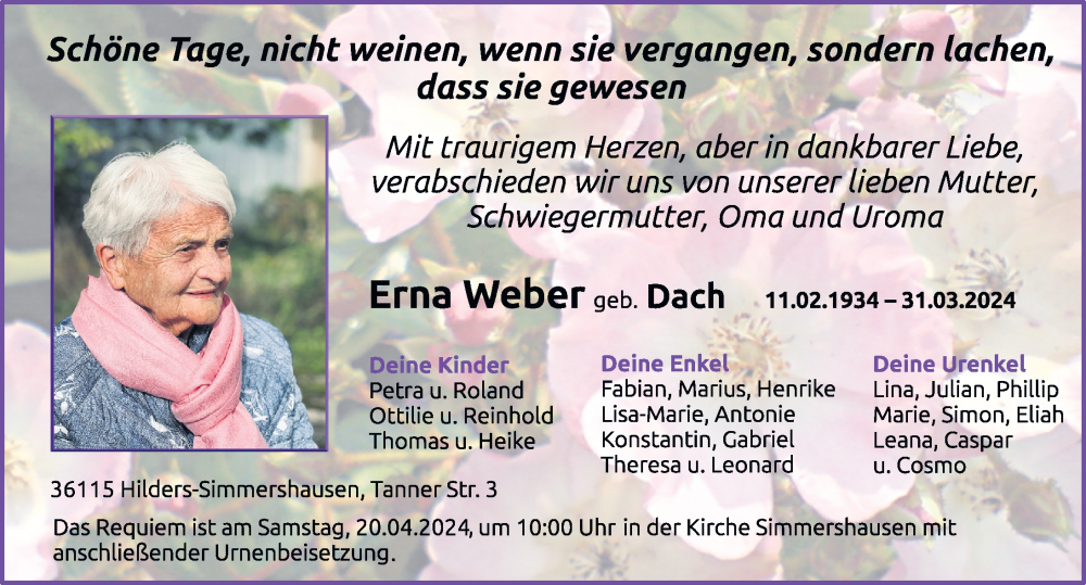  Traueranzeige für Erna Weber vom 13.04.2024 aus FZ