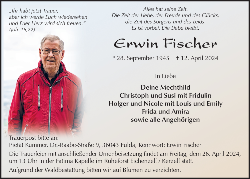  Traueranzeige für Erwin Fischer vom 20.04.2024 aus FZ