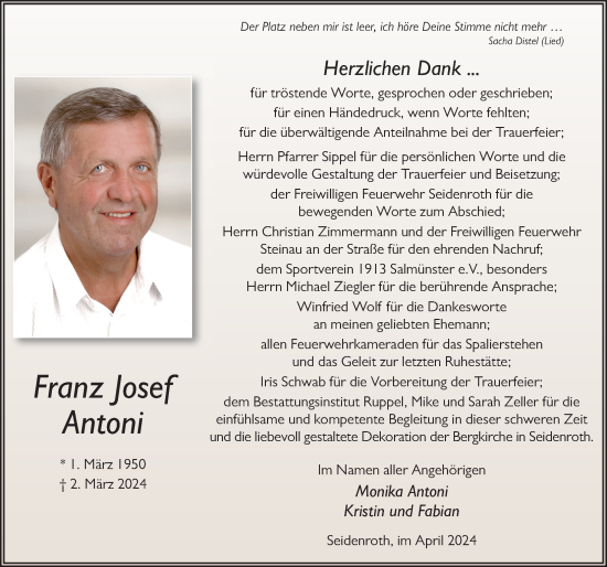 Traueranzeige von Franz Josef Antoni von FZ