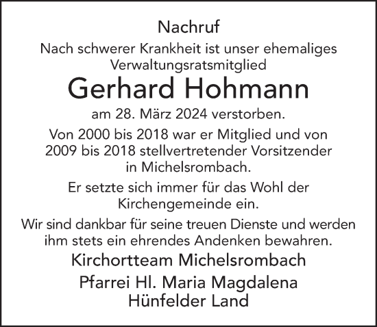 Traueranzeige von Gerhard Hohmann von FZ
