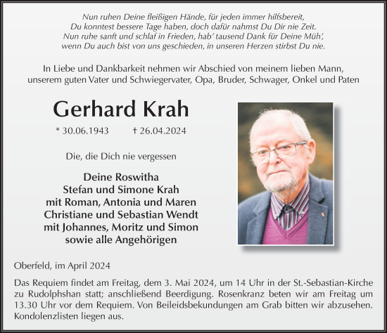 Traueranzeige von Gerhard Krah von FZ