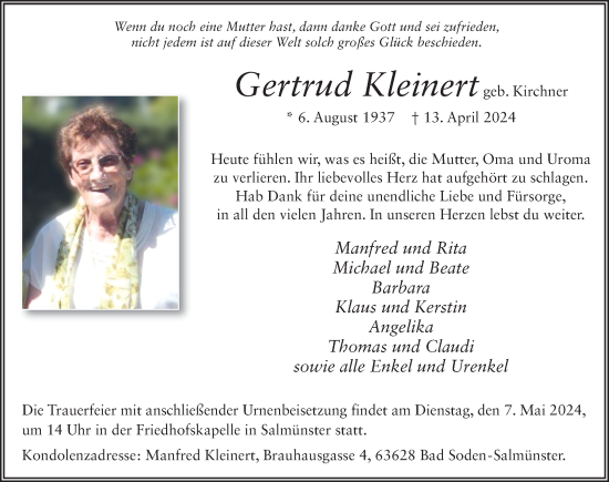 Traueranzeige von Gertrud Kleinert von FZ