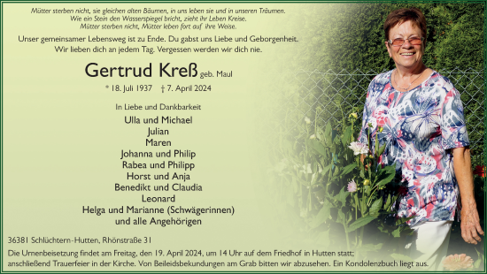 Traueranzeige von Gertrud Kreß von FZ