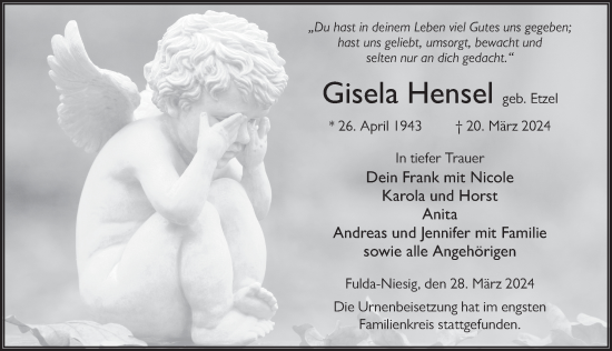 Traueranzeige von Gisela Hensel von FZ