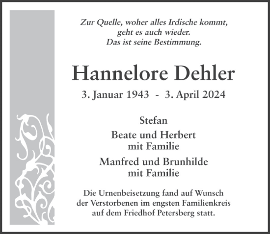 Traueranzeige von Hannelore Dehler von FZ