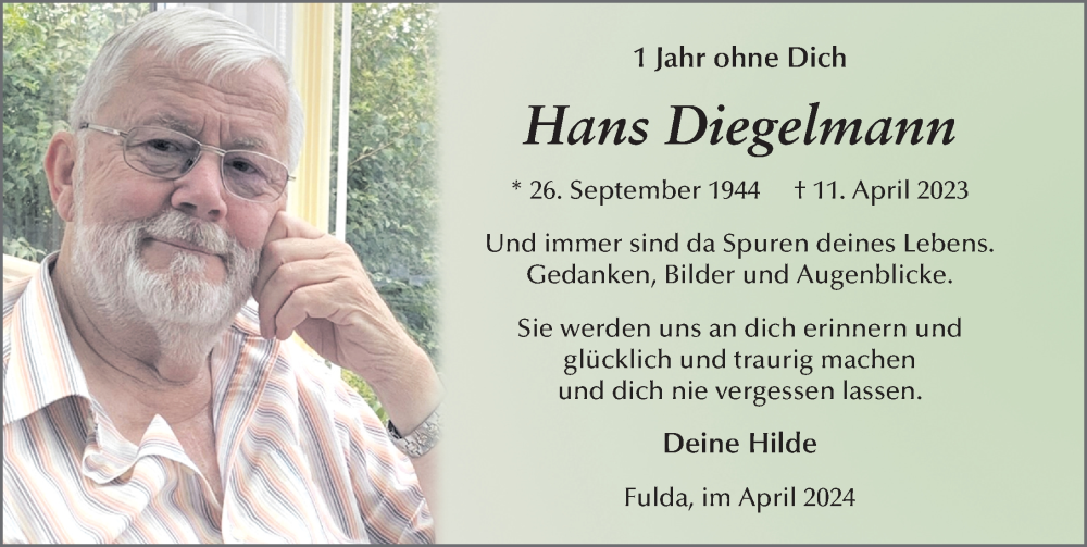  Traueranzeige für Hans Diegelmann vom 11.04.2024 aus FZ