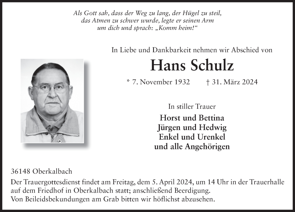  Traueranzeige für Hans Schulz vom 03.04.2024 aus FZ