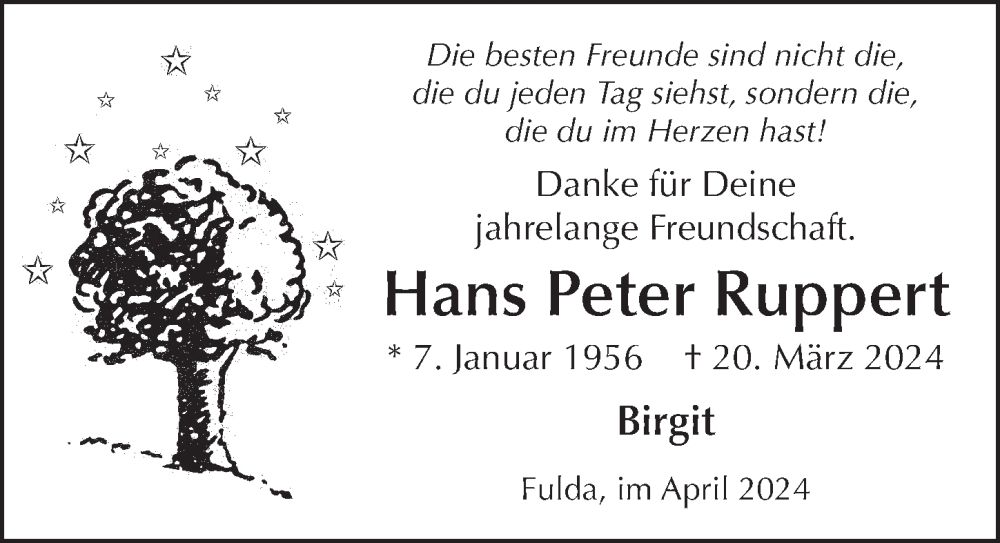  Traueranzeige für Hans Peter Ruppert vom 05.04.2024 aus FZ