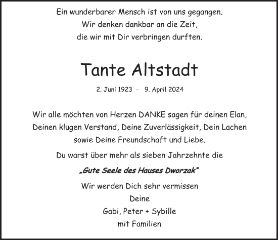 Traueranzeige von Hedwig Altstadt von FZ