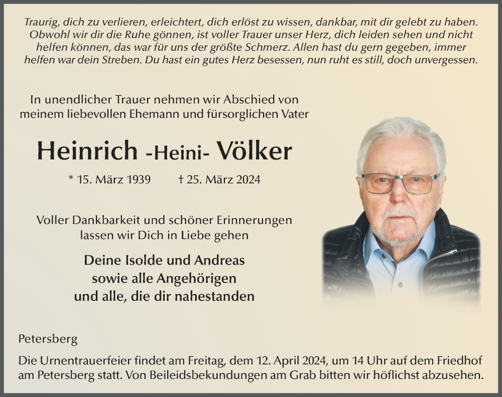  Traueranzeige für Heinrich Völker vom 06.04.2024 aus FZ