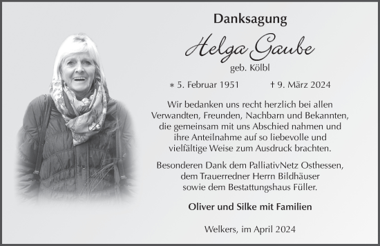 Traueranzeige von Helga Gaube von FZ