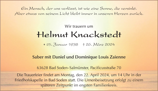 Traueranzeige von Helmut Knackstedt von FZ