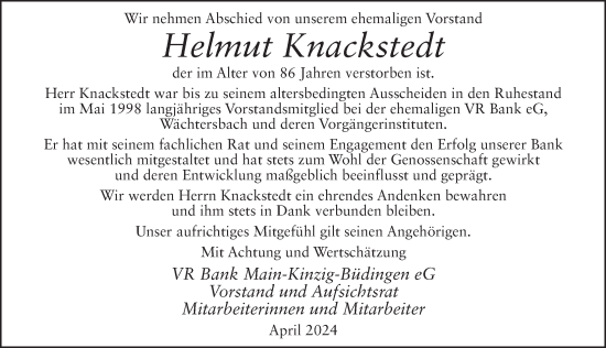 Traueranzeige von Helmut Knackstedt von FZ