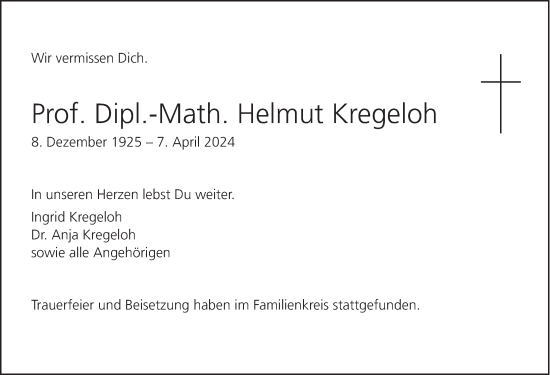 Traueranzeige von Helmut Kregeloh von FZ
