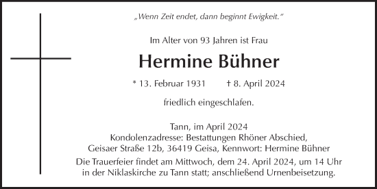 Traueranzeige von Hermine Bühner von FZ