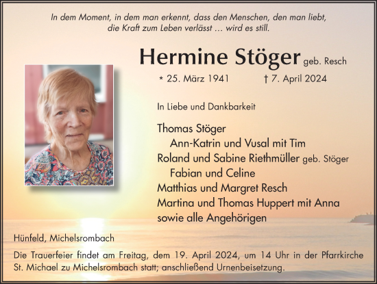 Traueranzeige von Hermine Stöger von FZ