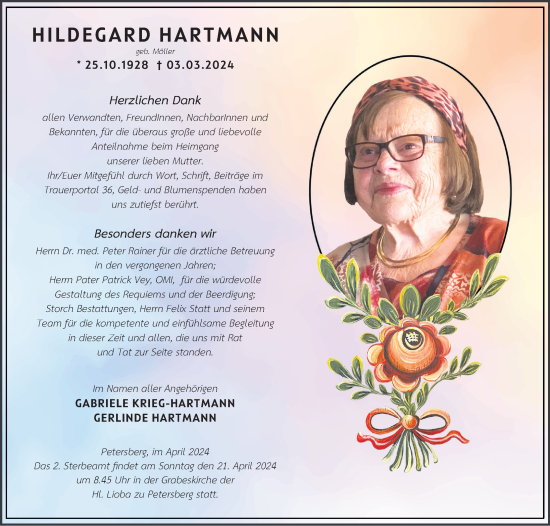 Traueranzeige von Hildegard Hartmann von FZ