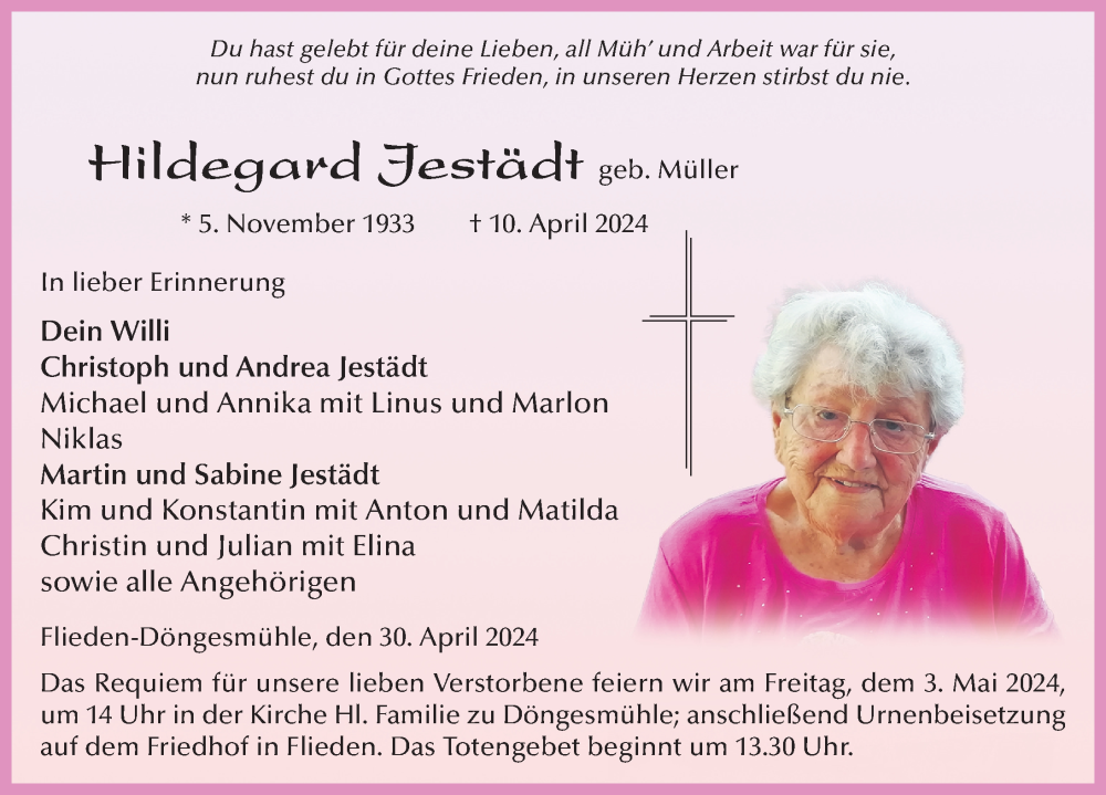  Traueranzeige für Hildegard Jestädt vom 30.04.2024 aus FZ