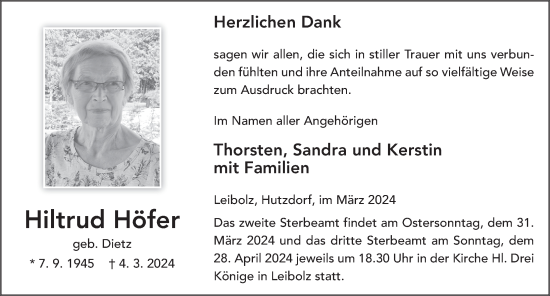 Traueranzeige von Hiltrud Höfer von FZ