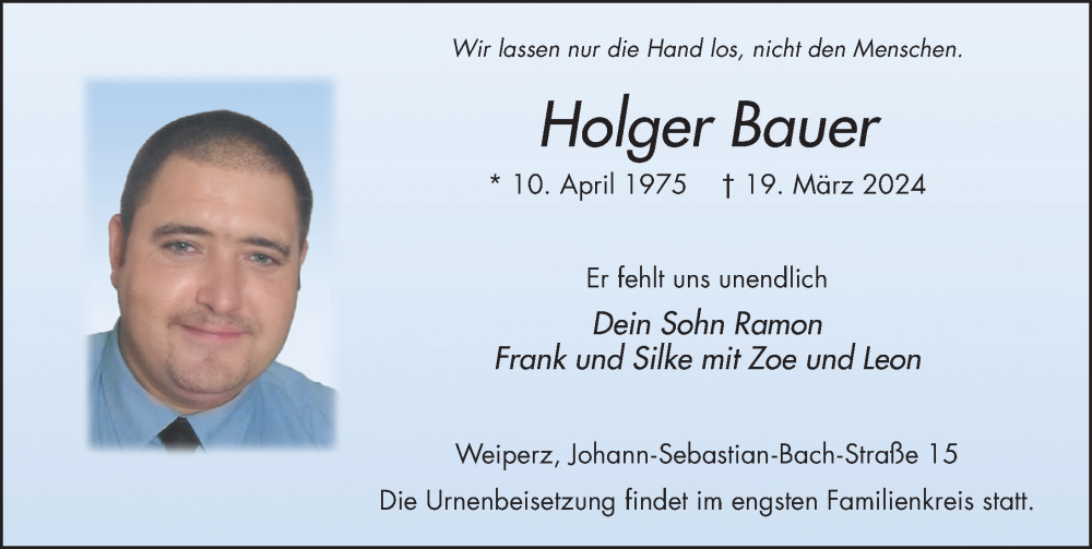  Traueranzeige für Holger Bauer vom 13.04.2024 aus FZ