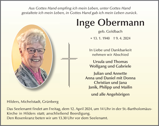 Traueranzeige von Inge Obermann von FZ