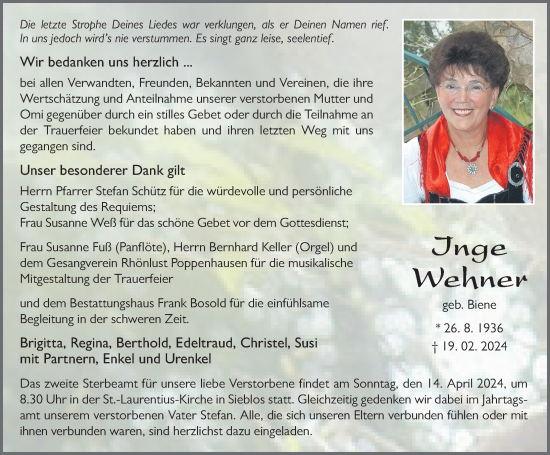 Traueranzeige von Inge Wehner von FZ
