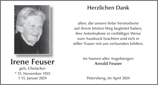 Traueranzeige von Irene Feuser von FZ