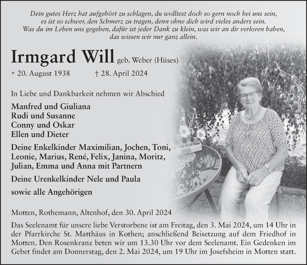  Traueranzeige für Irmgard Will vom 30.04.2024 aus FZ