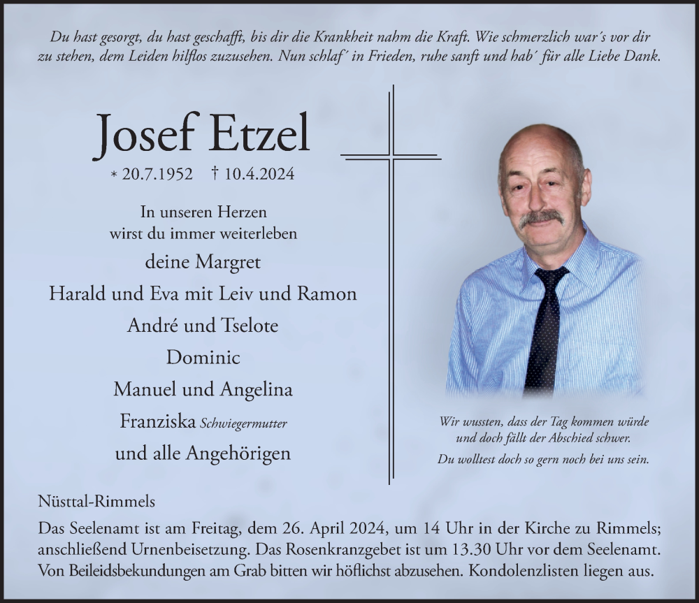  Traueranzeige für Josef Etzel vom 23.04.2024 aus FZ