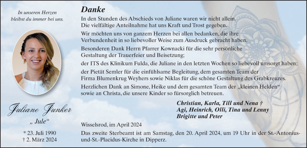  Traueranzeige für Juliane Junker vom 19.04.2024 aus FZ