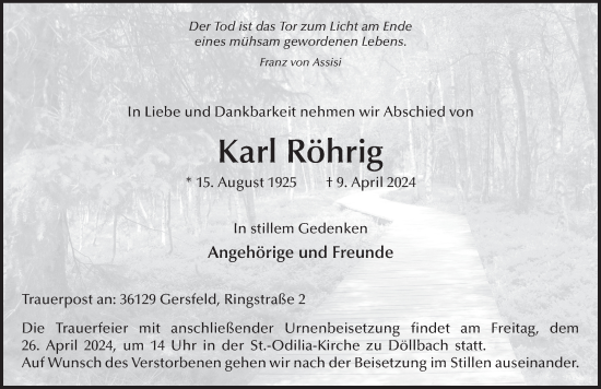 Traueranzeige von Karl Röhrig von FZ