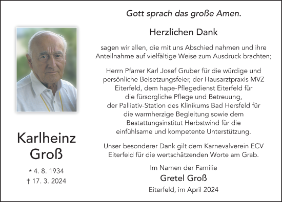 Traueranzeige von Karlheinz Groß von FZ