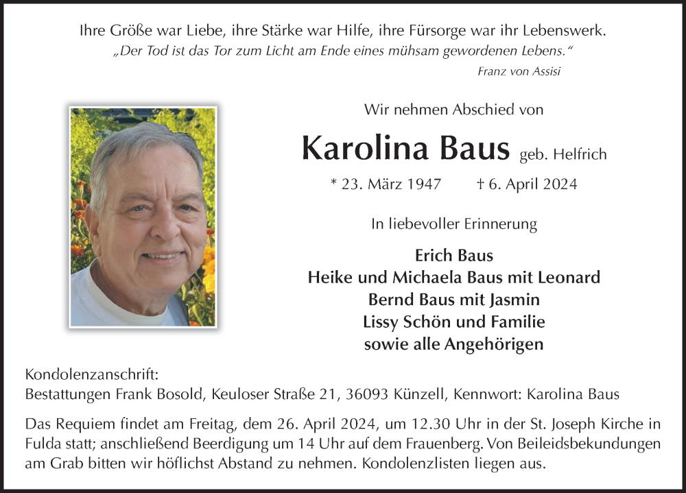  Traueranzeige für Karolina Baus vom 20.04.2024 aus FZ