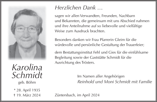 Traueranzeige von Karolina Schmidt von FZ