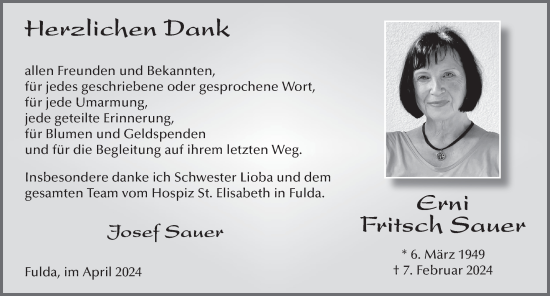 Traueranzeige von Katharina-Erna  Fritsch Sauer von FZ