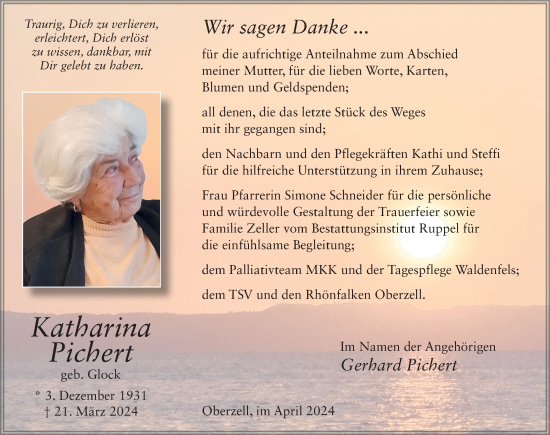 Traueranzeige von Katharina Pichert von FZ