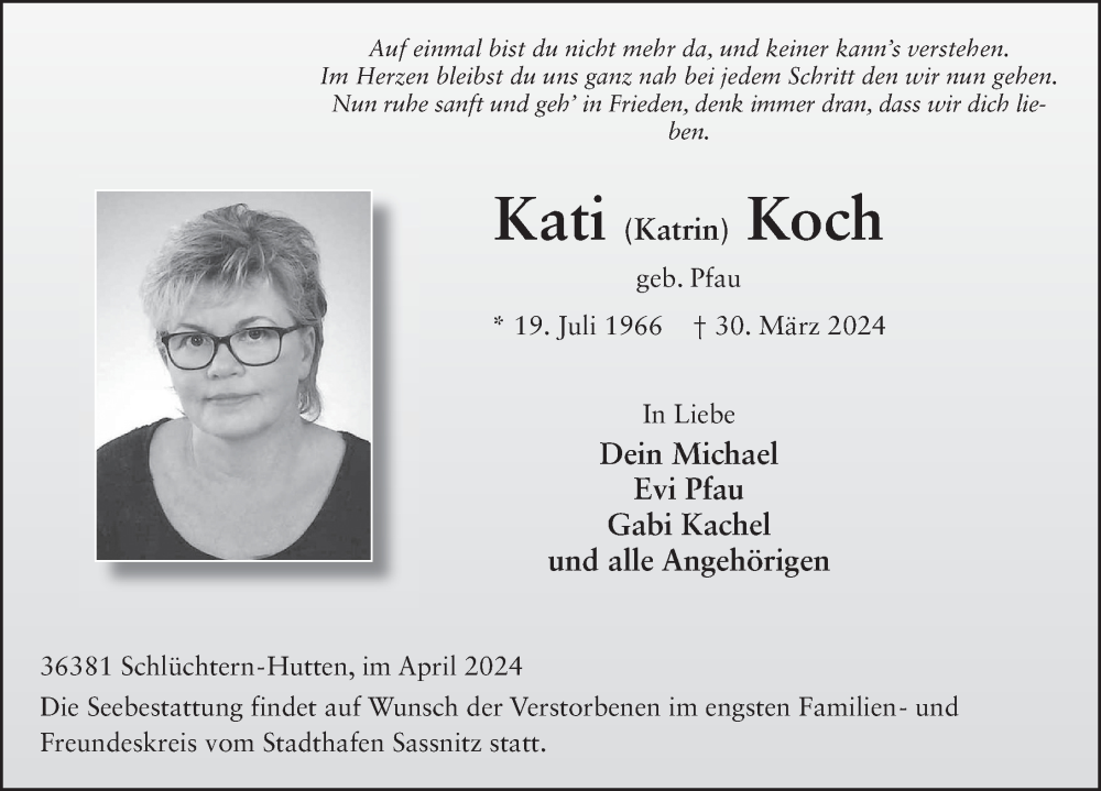  Traueranzeige für Katrin Koch vom 06.04.2024 aus FZ