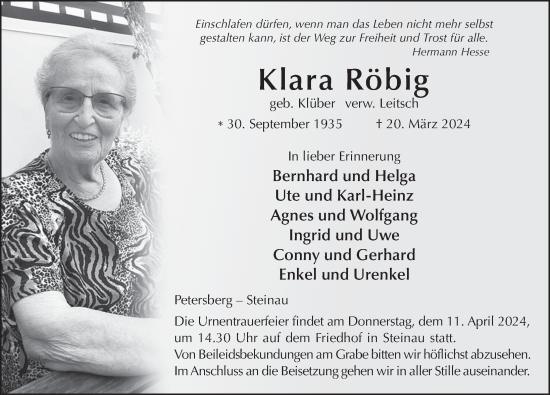 Traueranzeige von Klara Röbig von FZ