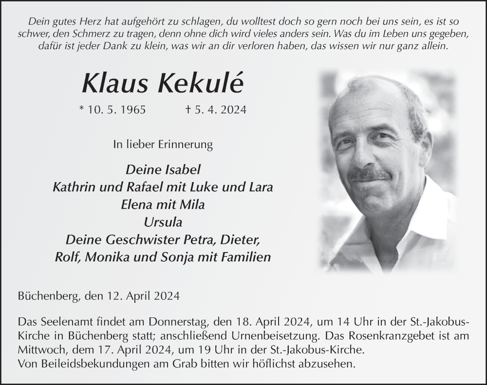  Traueranzeige für Klaus Kekule vom 12.04.2024 aus FZ