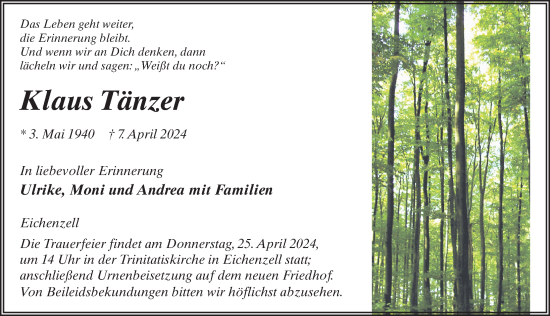Traueranzeige von Klaus Tänzer von FZ