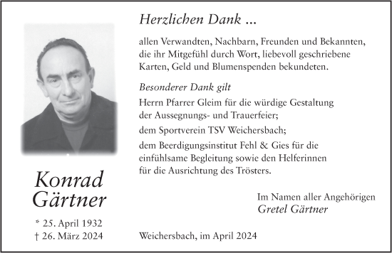 Traueranzeige von Konrad Gärtner von FZ