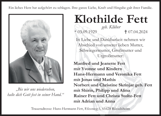 Traueranzeige von Kothilde Fett von FZ