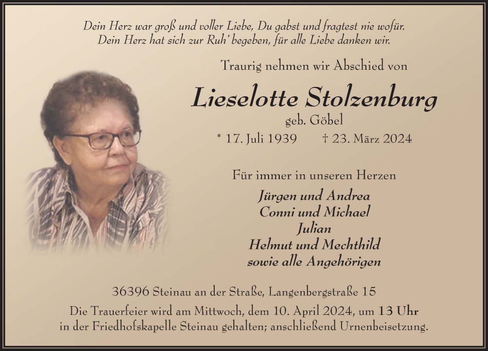  Traueranzeige für Lieselotte Stolzenburg vom 06.04.2024 aus FZ