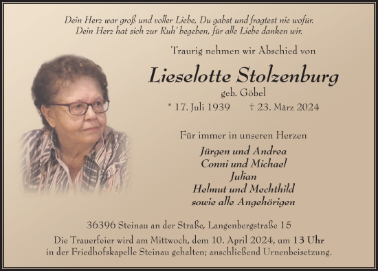Traueranzeige von Lieselotte Stolzenburg von FZ